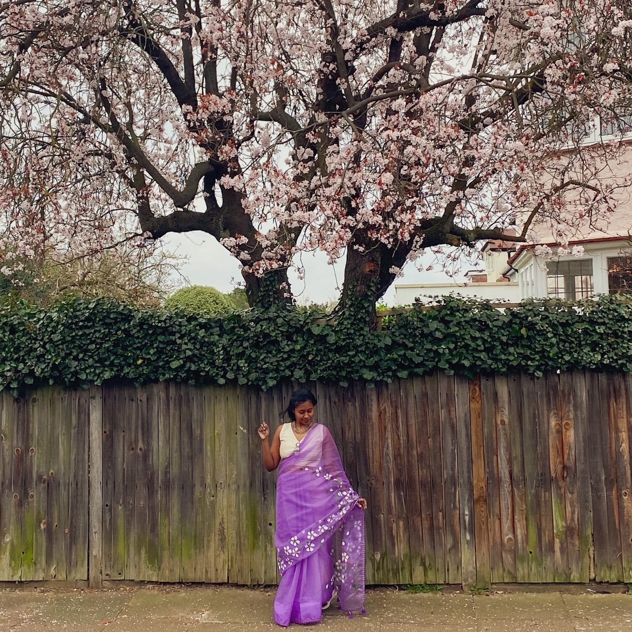 Organza Hand-Painted Saree with Birds & Flowers - Purple