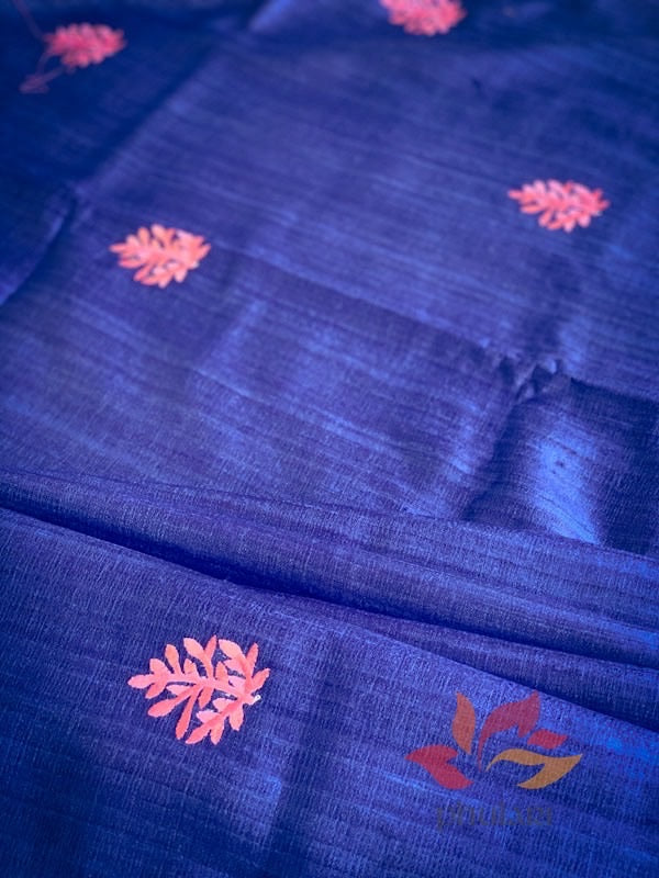 Pure Tussar Ghicha Silk Handloom Saree - Indigo with Pink motifs - Phulari 