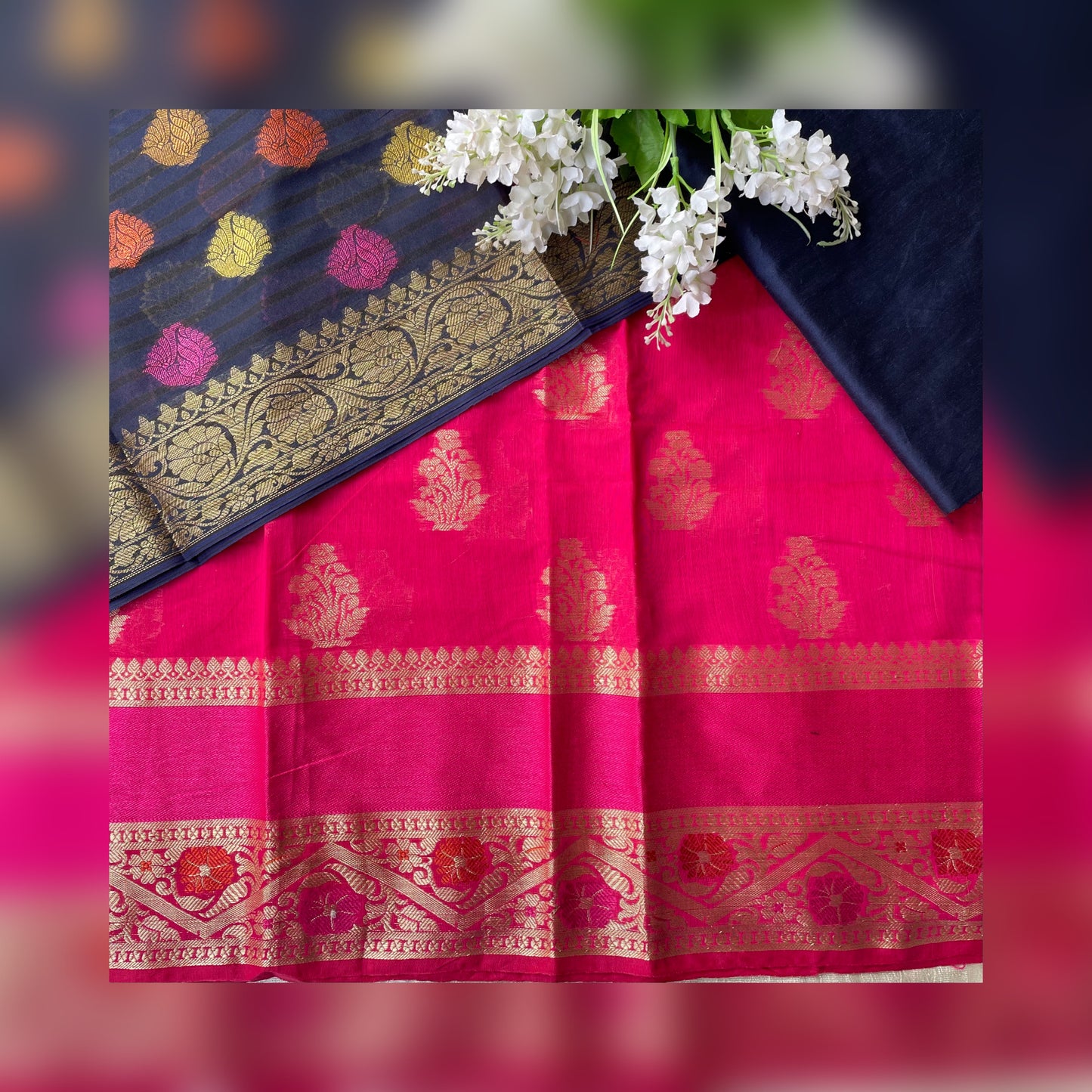 Banarasi Cotton Silk Unstitched Salwar Suit Fabric - Dark Pink with Gold jari and Navy Blue