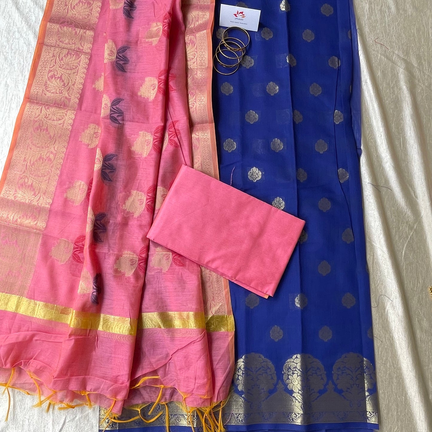 Banarasi Cotton Silk Unstitched Salwar Suit Fabric - Dark Blue and gold with light Pink dupatta