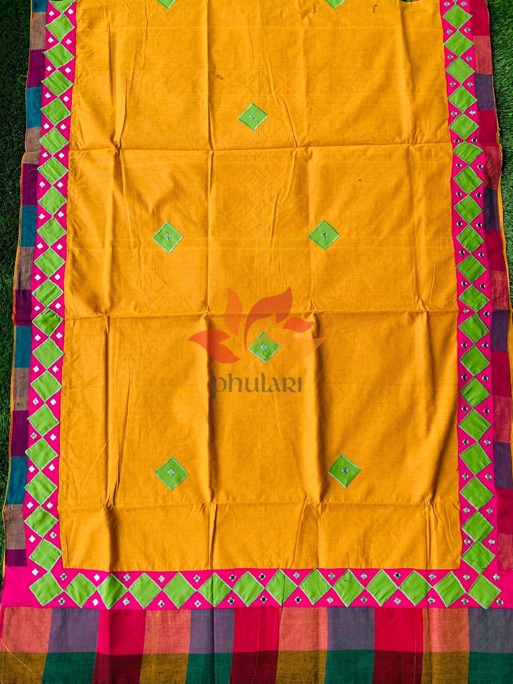Khadhi Saree appliqué patch work foil mirror - Mustard - Phulari 