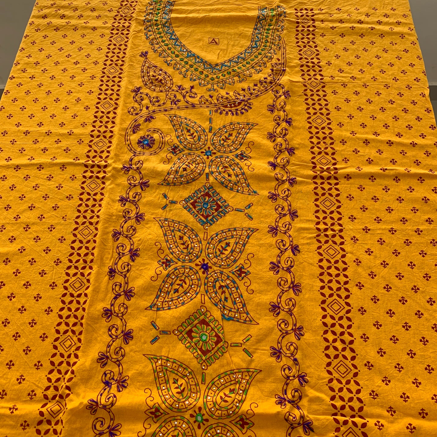 Kutchi work Salwar suit fabric - Yellow Red