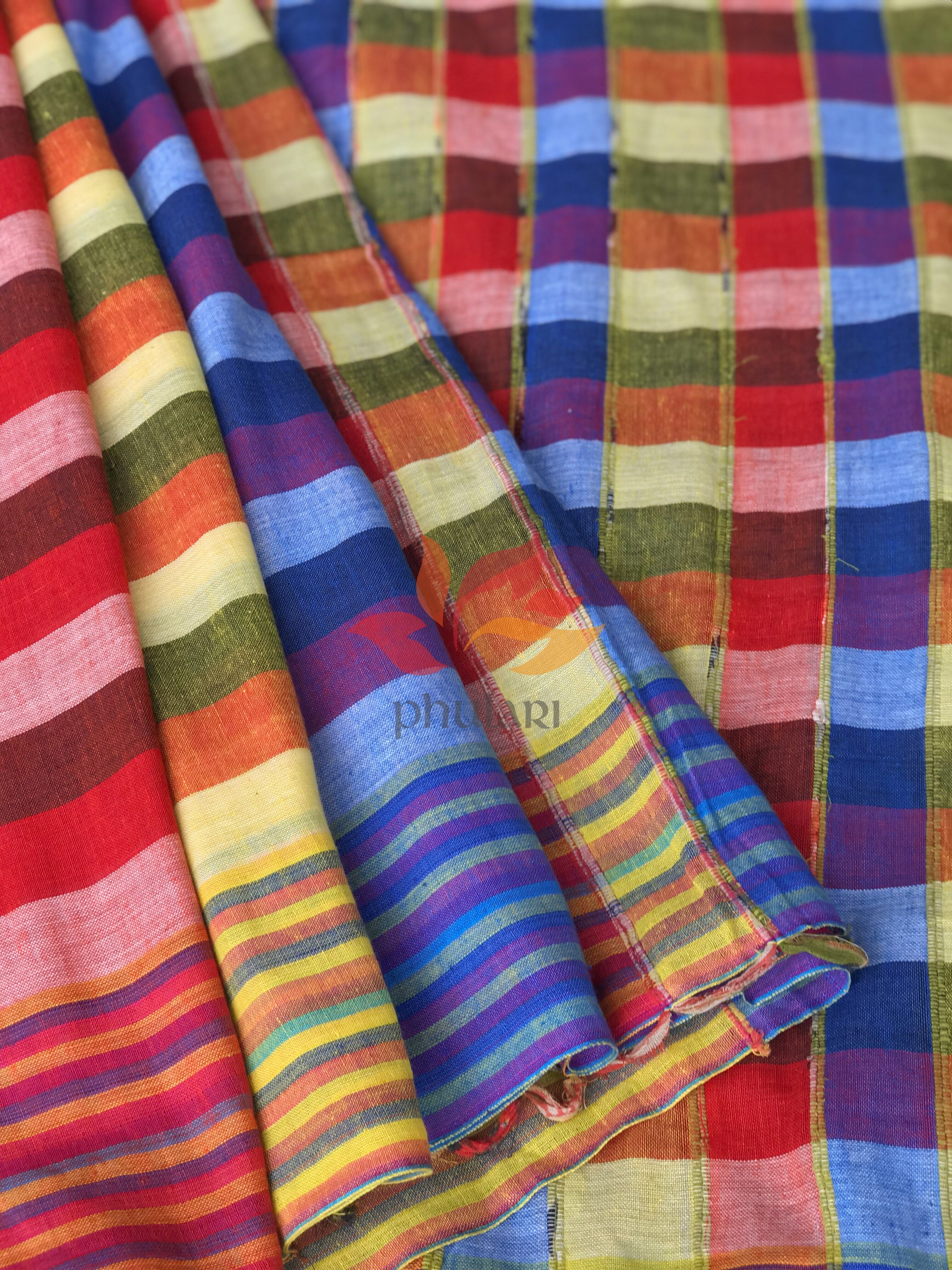 Khesh Saree Handloom Cotton Checks - Red Blue - Phulari 