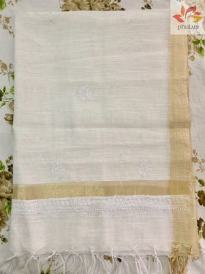 Chanderi Chikankari Dupatta With Zari Border- White - Phulari 