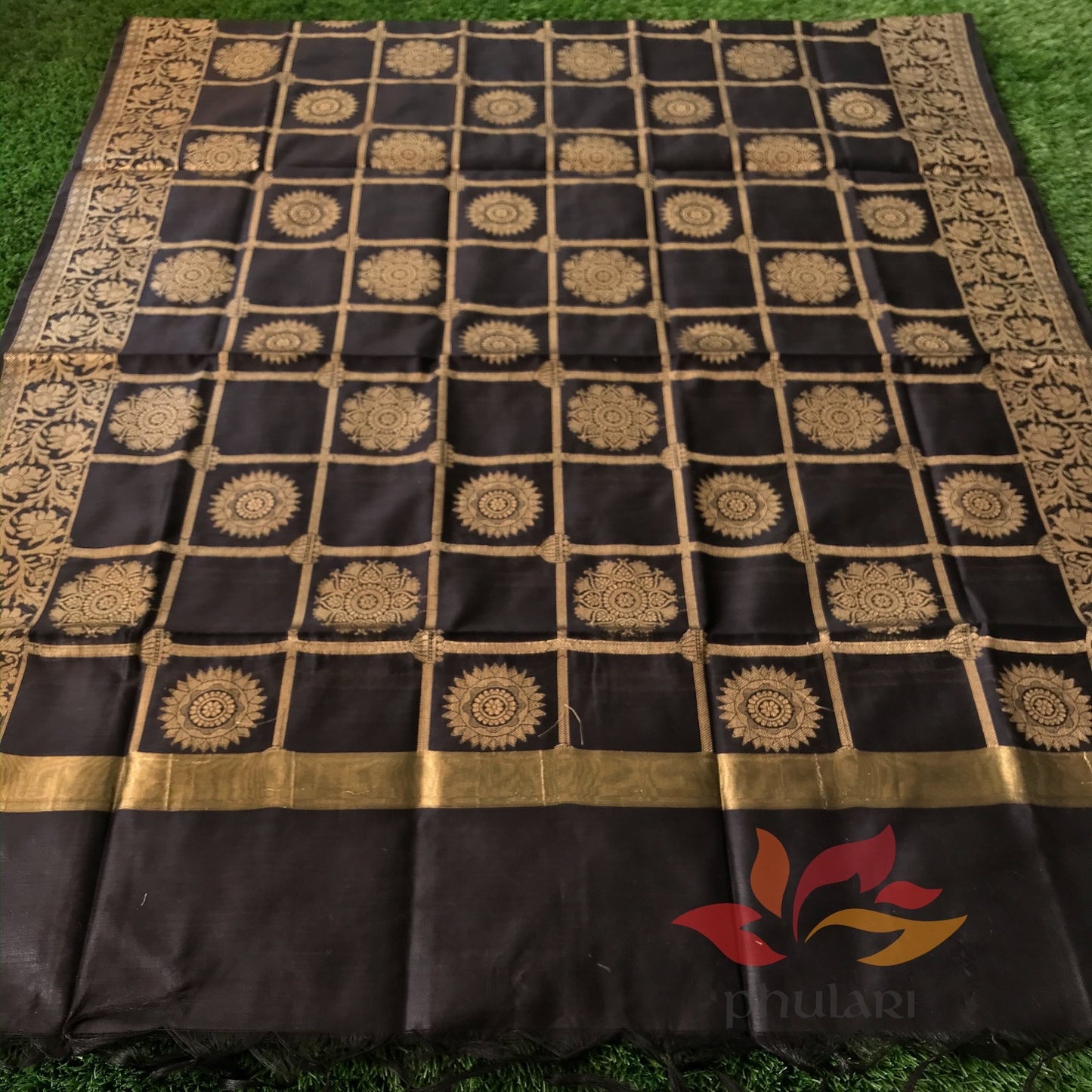 Banarasi Cotton Silk Dupatta Checks - Black - Phulari 