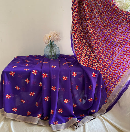 Phulkari Saree Traditional Jaal Embroidery Chiffon - Purple with multicoloured embroidery