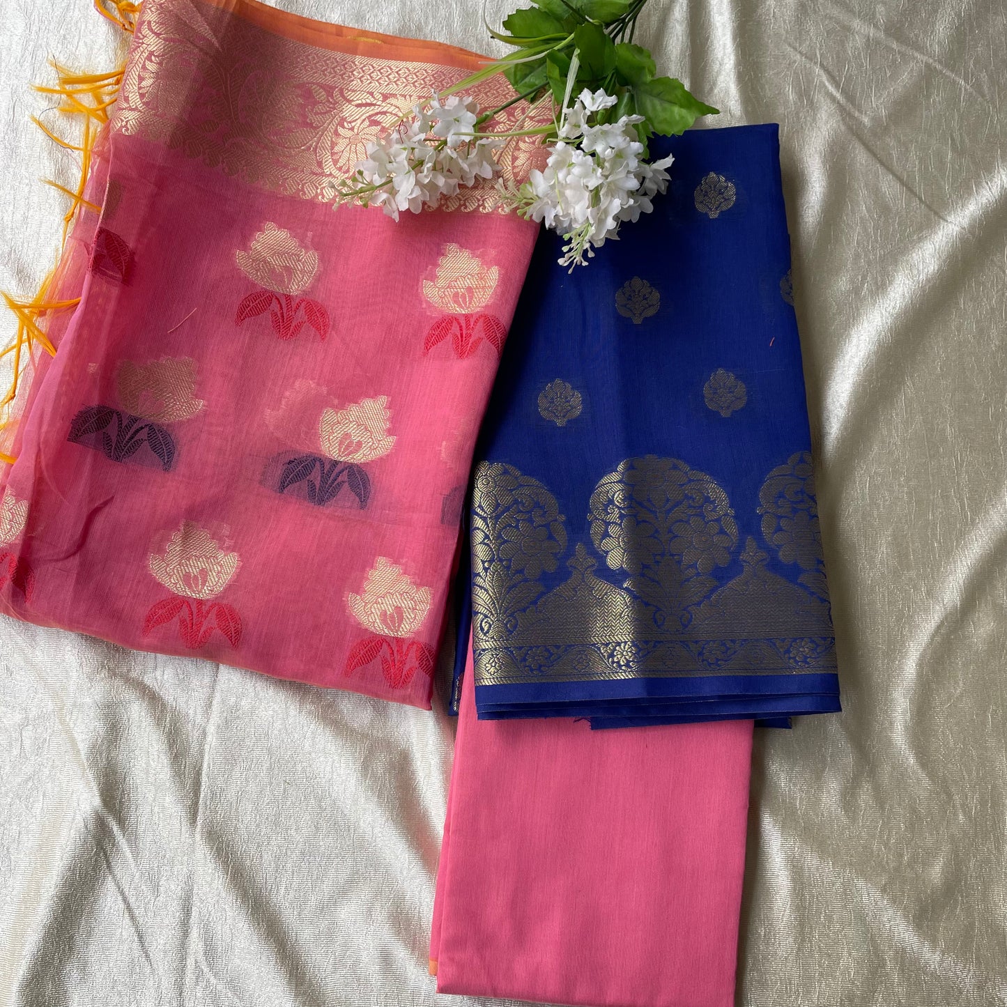 Banarasi Cotton Silk Unstitched Salwar Suit Fabric - Dark Blue and gold with light Pink dupatta