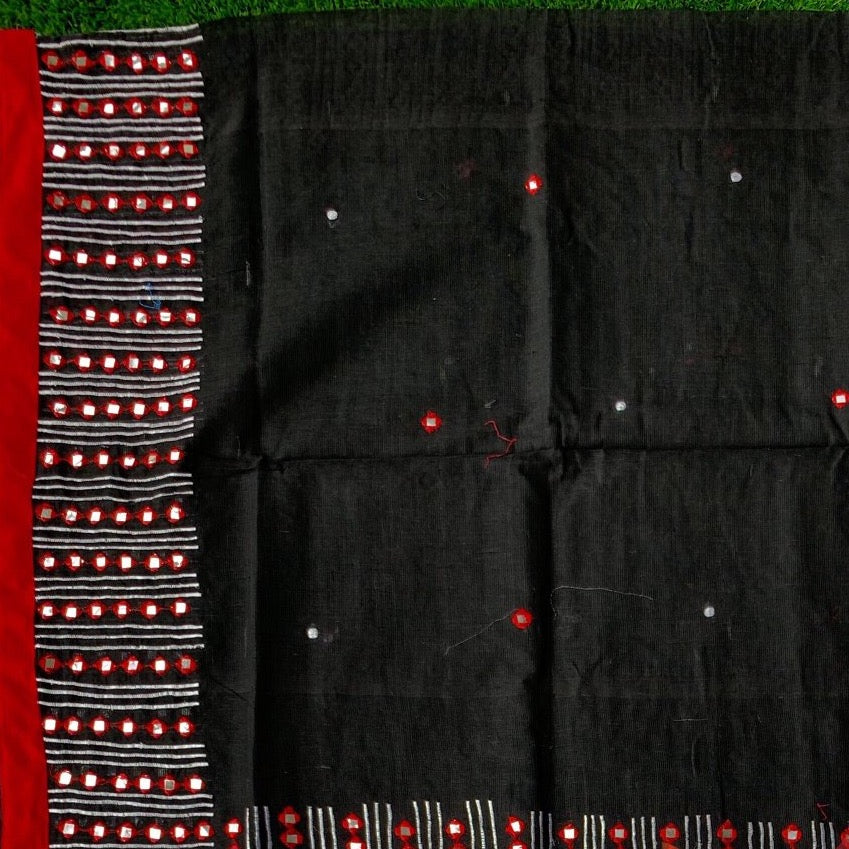 Bangladeshi Tant Saree Embroidery Foil Mirror Work - Black Red - Phulari 