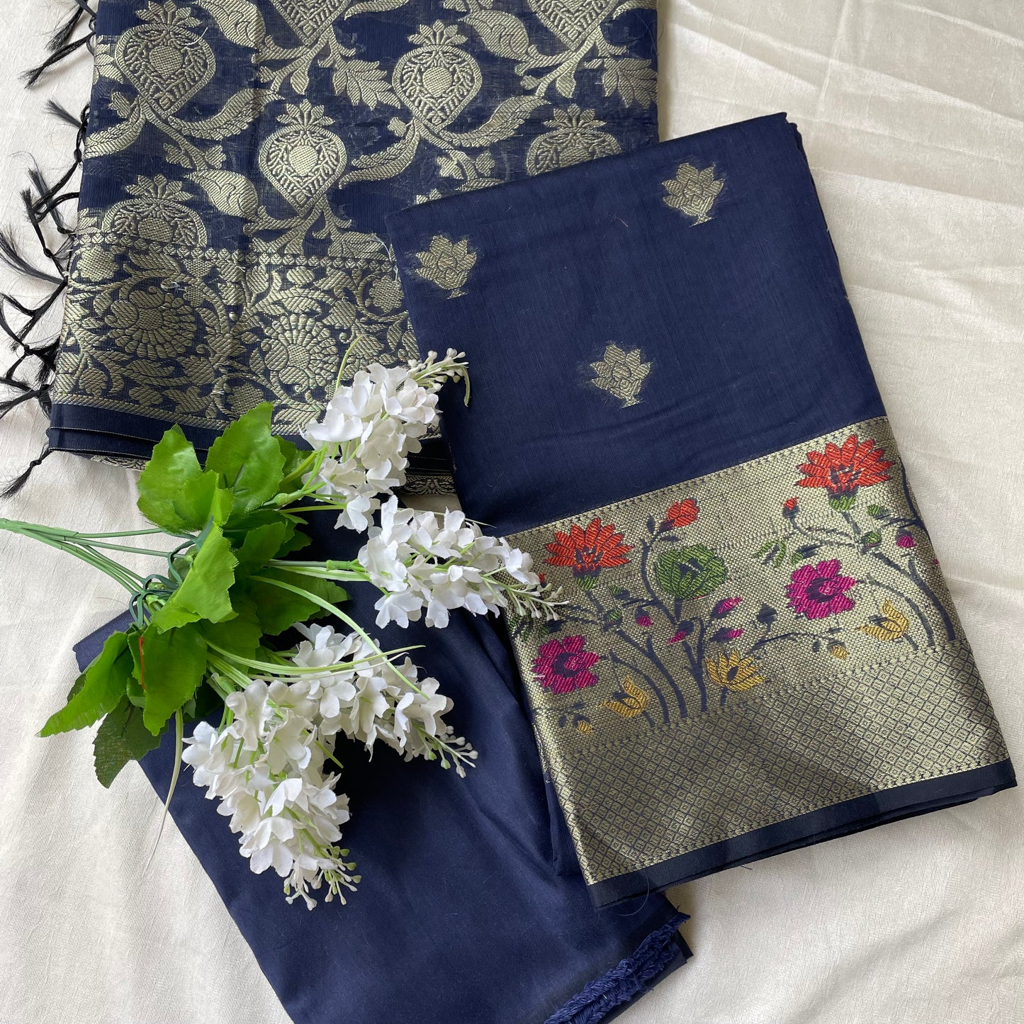 Banarasi Unstitched Salwar Suit Fabric Cotton Silk - Navy Blue and Golden