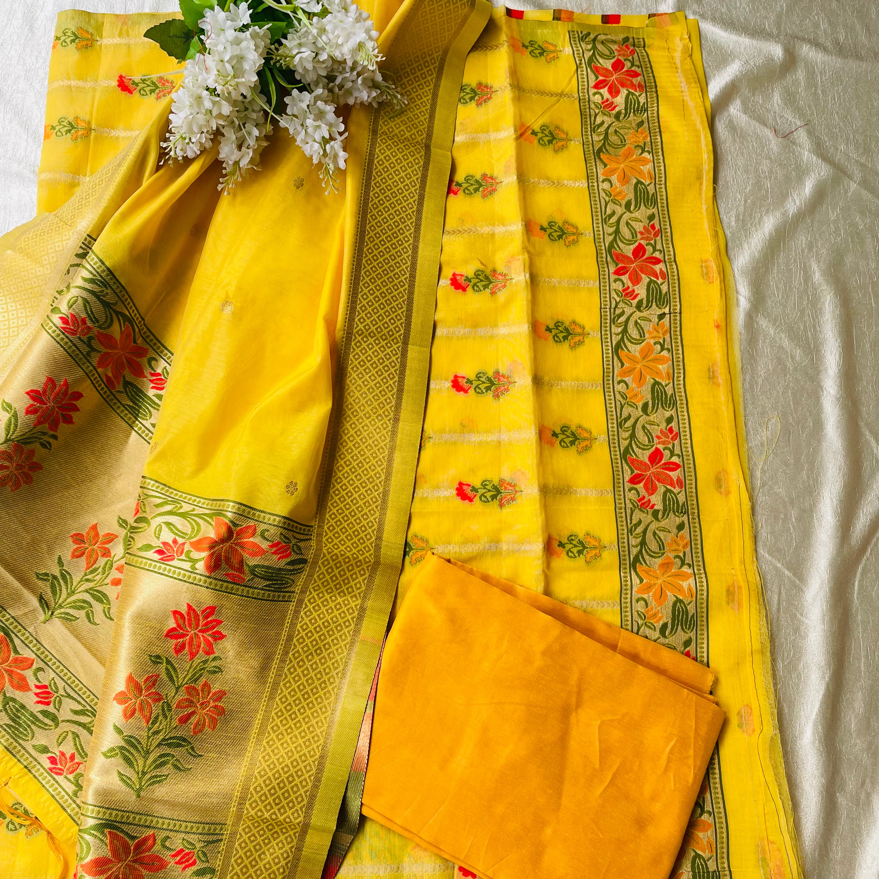 Banarasi Cotton Silk Unstitched Salwar Suit Fabric - Yellow and Gold