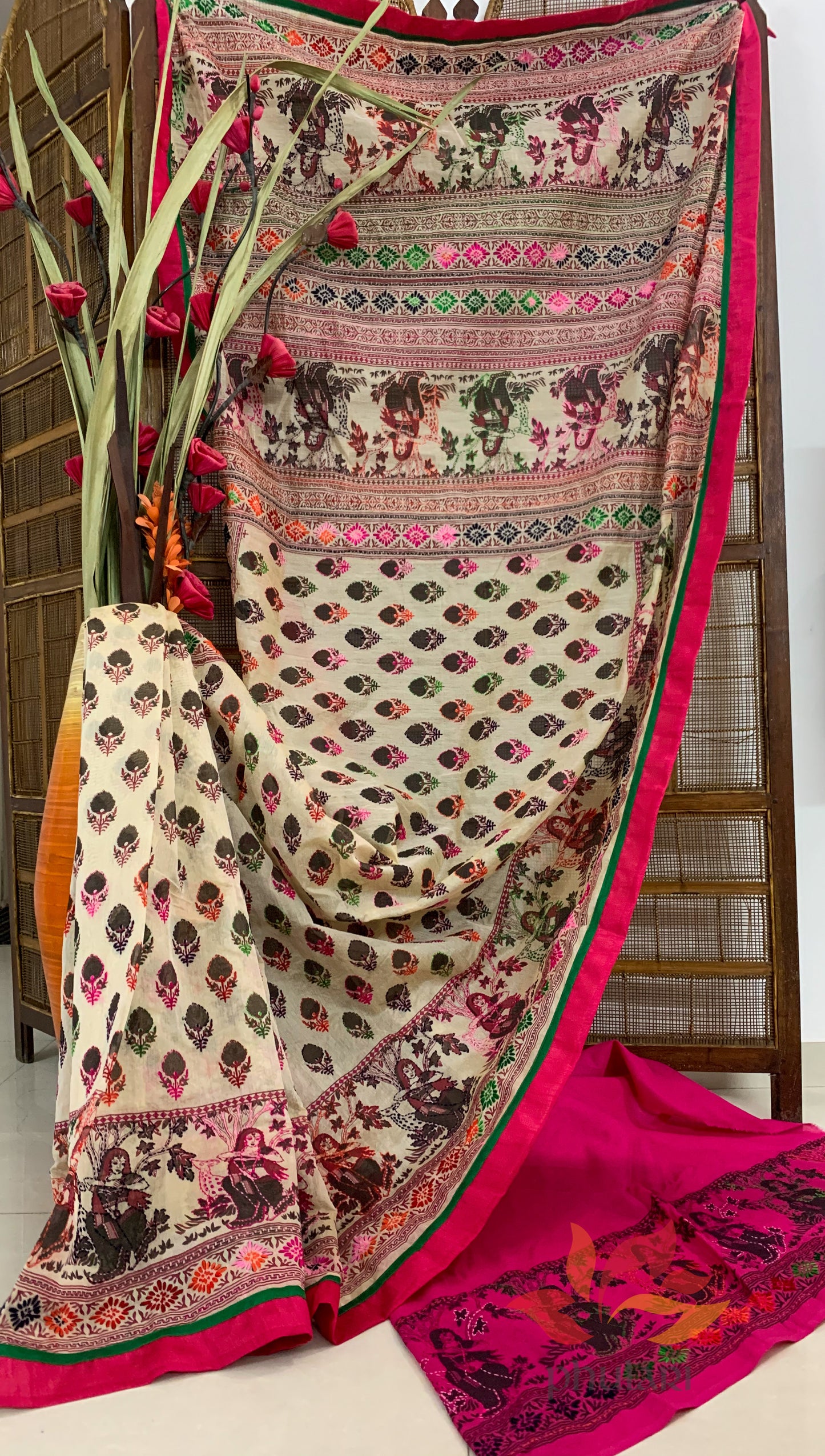 Exclusive Hand Painted & Embroidered Phulkari Fusion Chanderi Saree - Figures