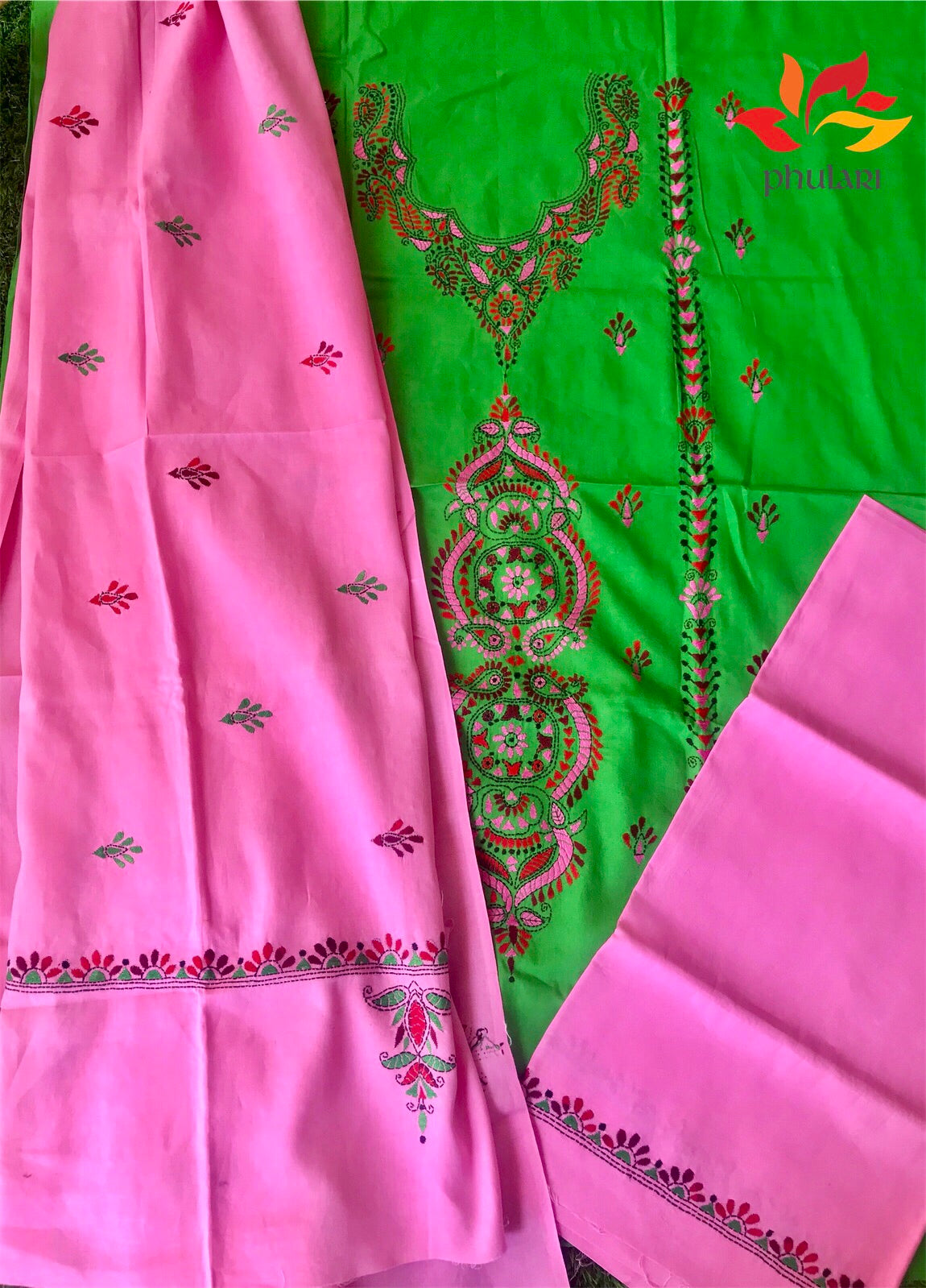 Kantha Work Suit Unstitched Fabric Cotton - Green Pink - Phulari 