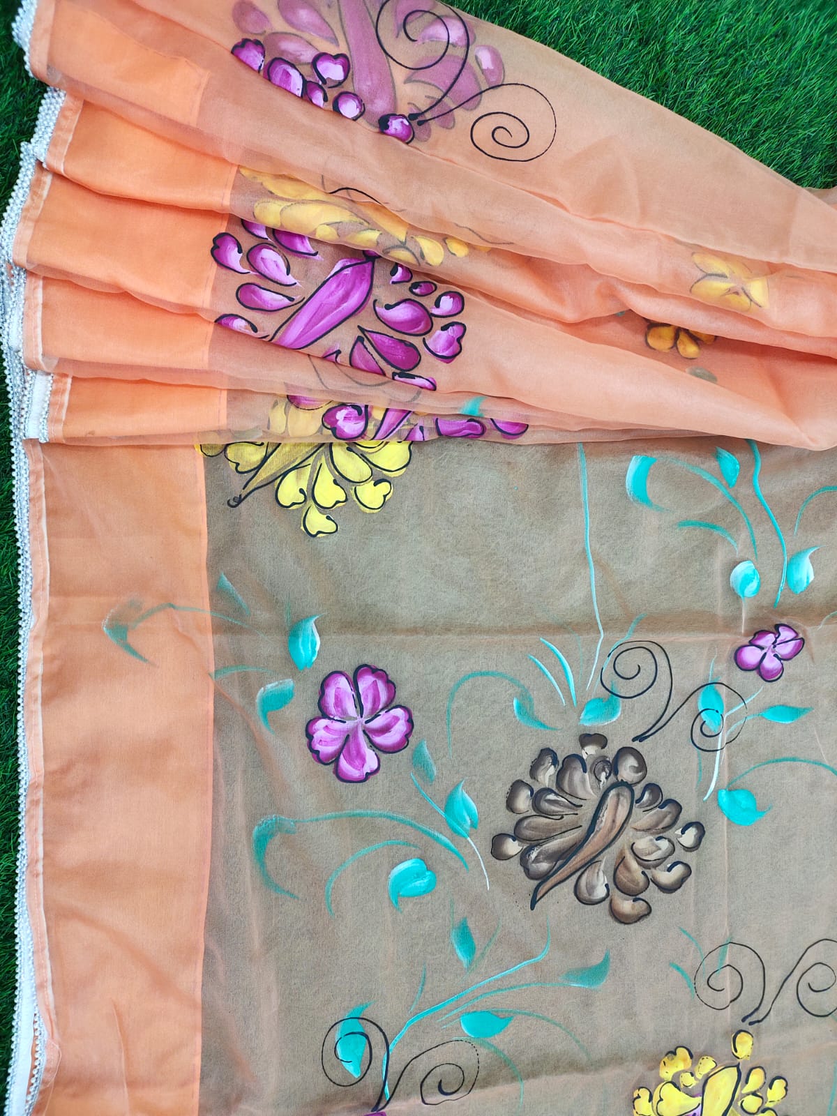 Organza Hand-Painted Saree with Flowers & Butterflies - Peach