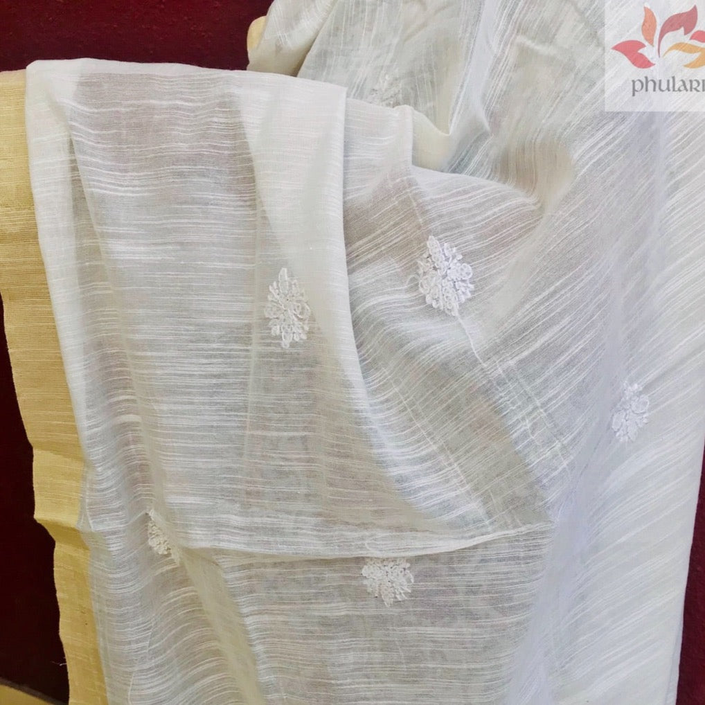 Chanderi Chikankari Dupatta With Zari Border- White - Phulari 