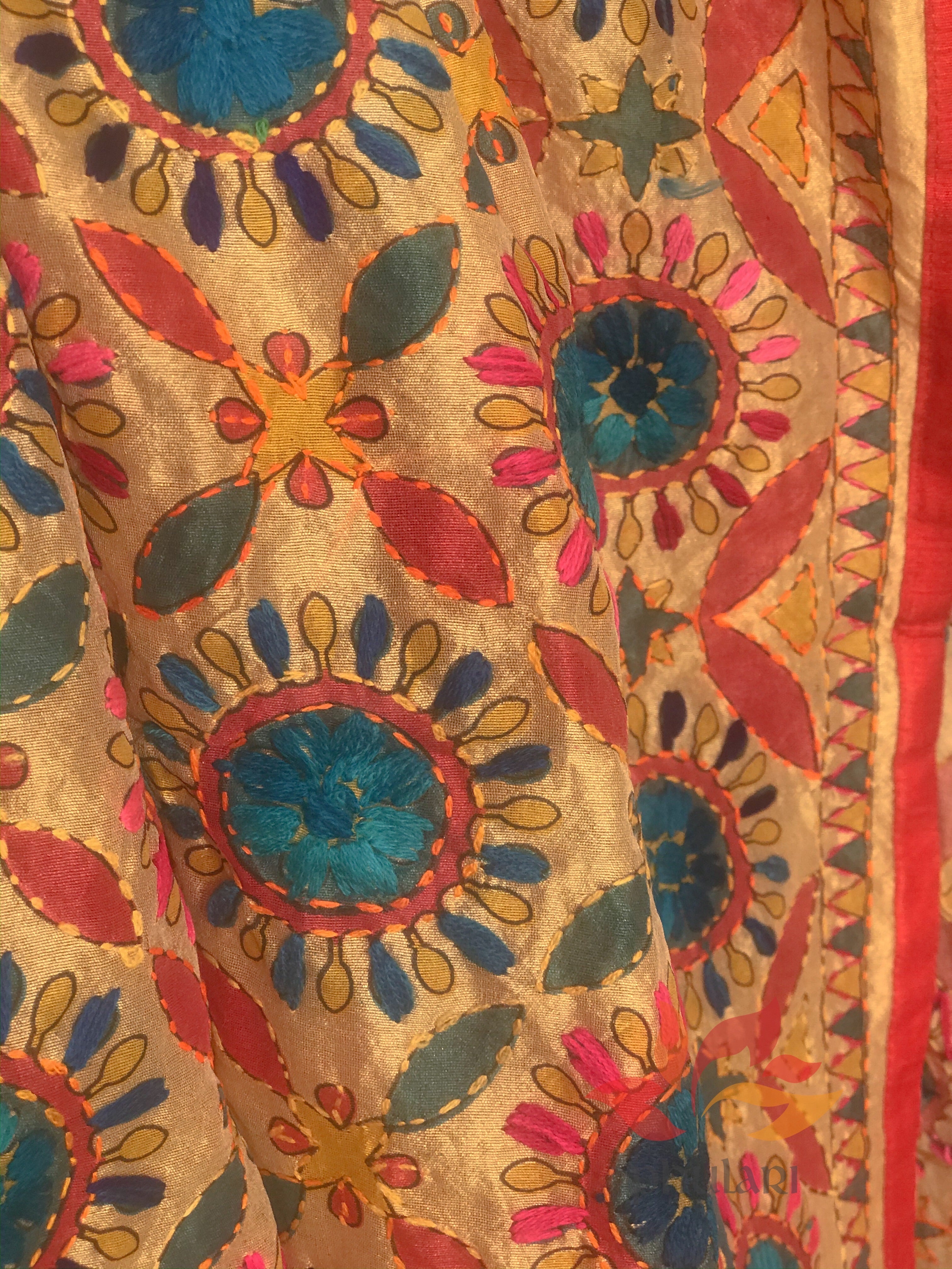 Hand Embroidered Madhubani Chanderi Dupatta- Red Circles Multicolour - Phulari 