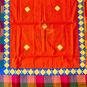 Khadhi Saree appliqué patch work foil mirror - Orange - Phulari 