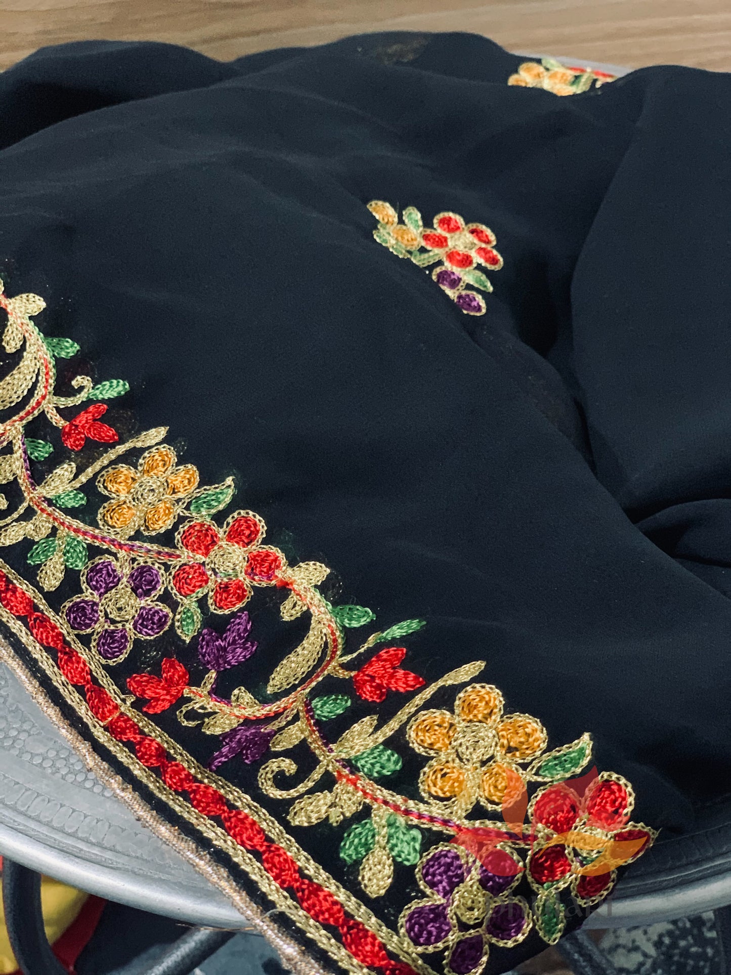 Georgette Kashmiri Embroidered Dupatta - Black - Phulari 