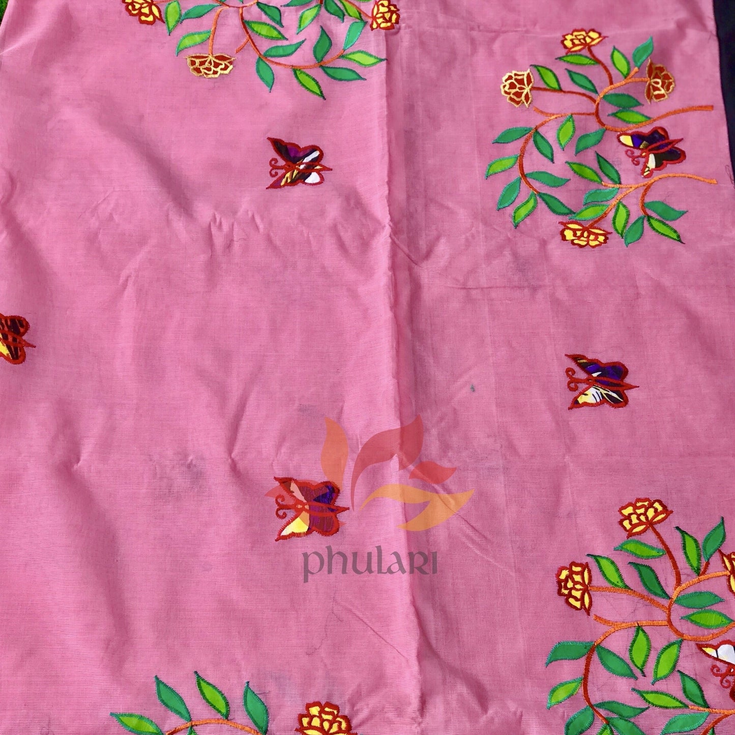 Bangladeshi Tant Saree Appliqué Work Embroidery Butterfly - Pink - Phulari 