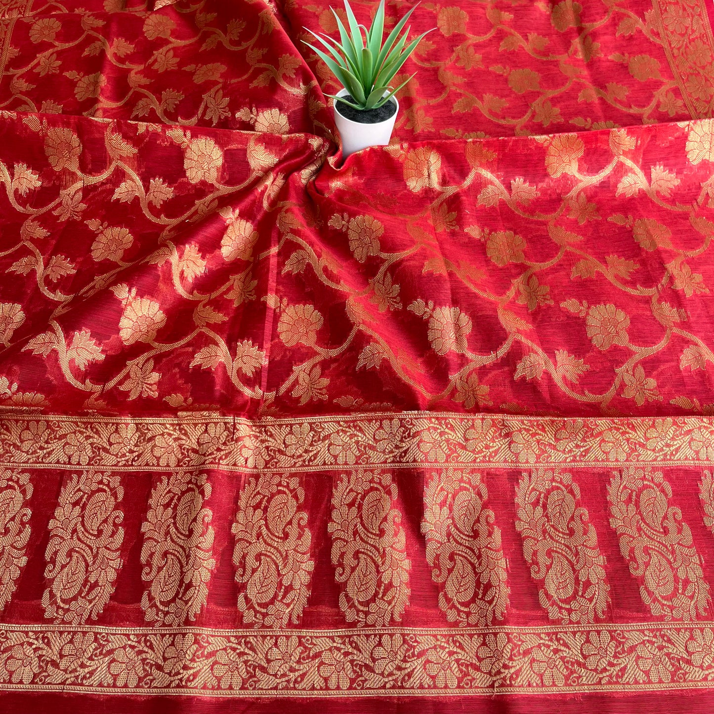 Banarasi Cotton Silk Dupatta with Floral Jaal - Red