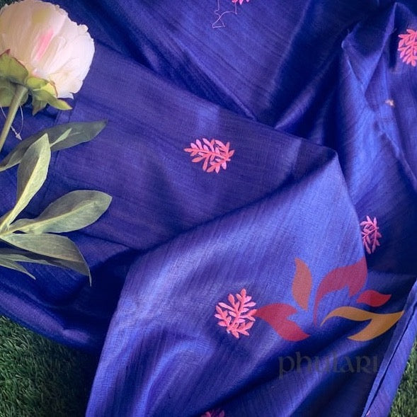 Pure Tussar Ghicha Silk Handloom Saree - Indigo with Pink motifs - Phulari 