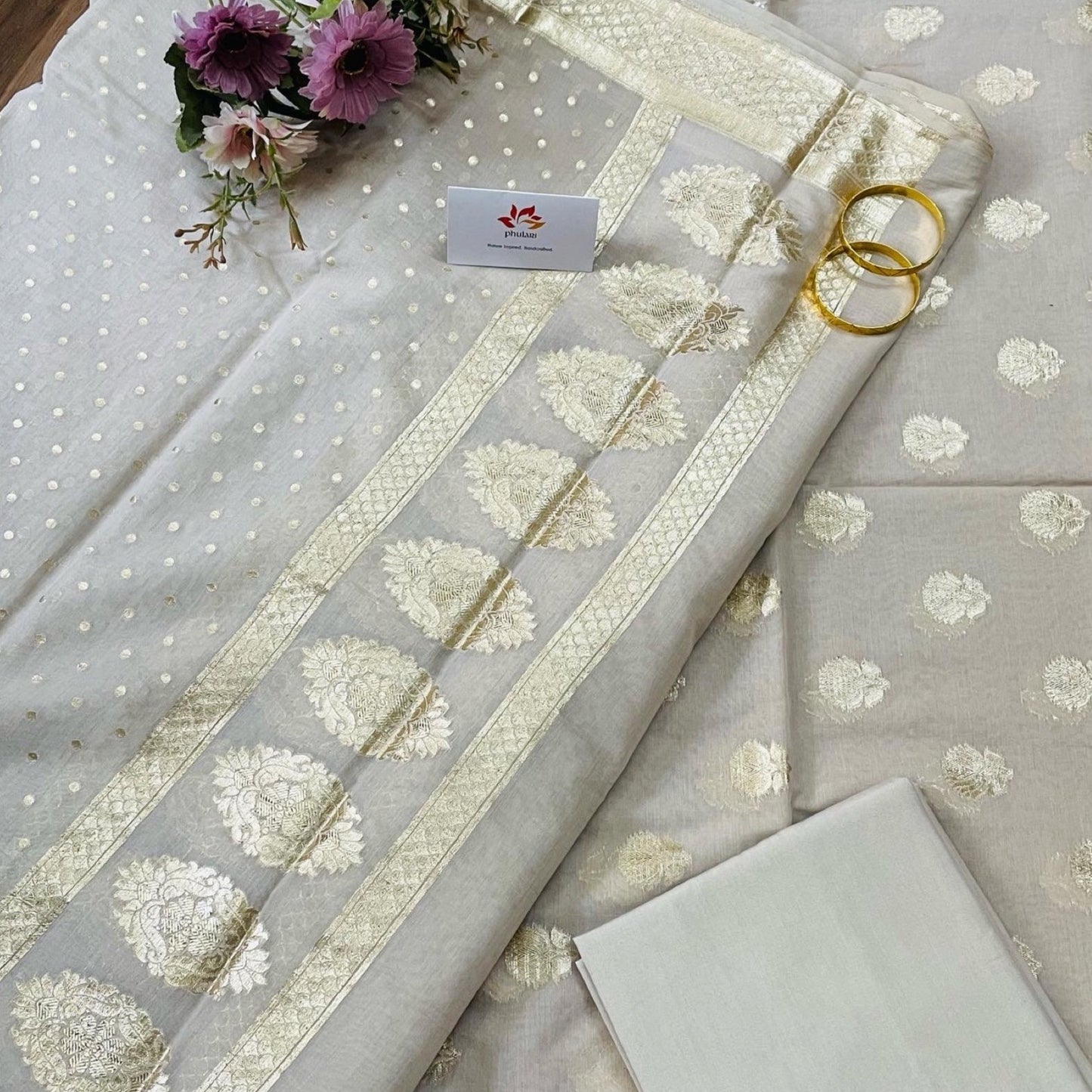 Banarasi Pure Chanderi Silk Unstitched Salwar Suit Fabric - White and Gold