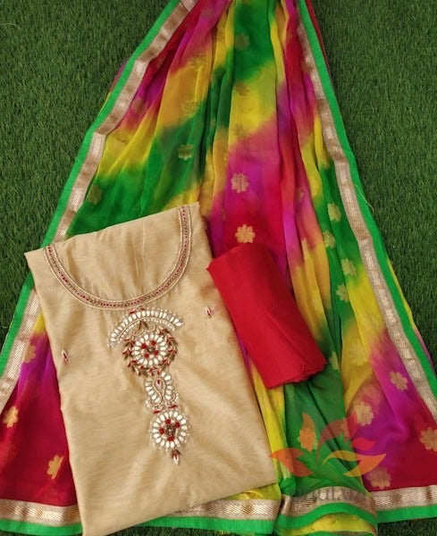 Chanderi Salwar suit fabric with Zardozi work and Multicolour Dupatta - Phulari 