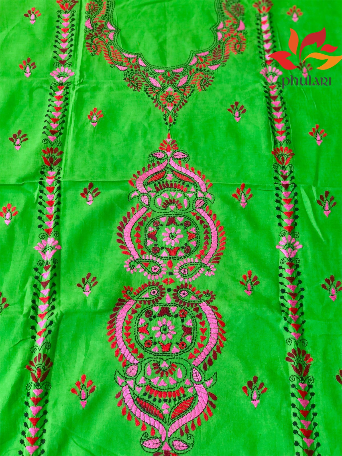 Kantha Work Suit Unstitched Fabric Cotton - Green Pink - Phulari 