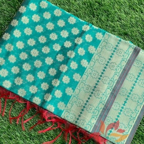 Banarasi Cotton Silk Dupatta With Flower Butti - Green - Phulari 