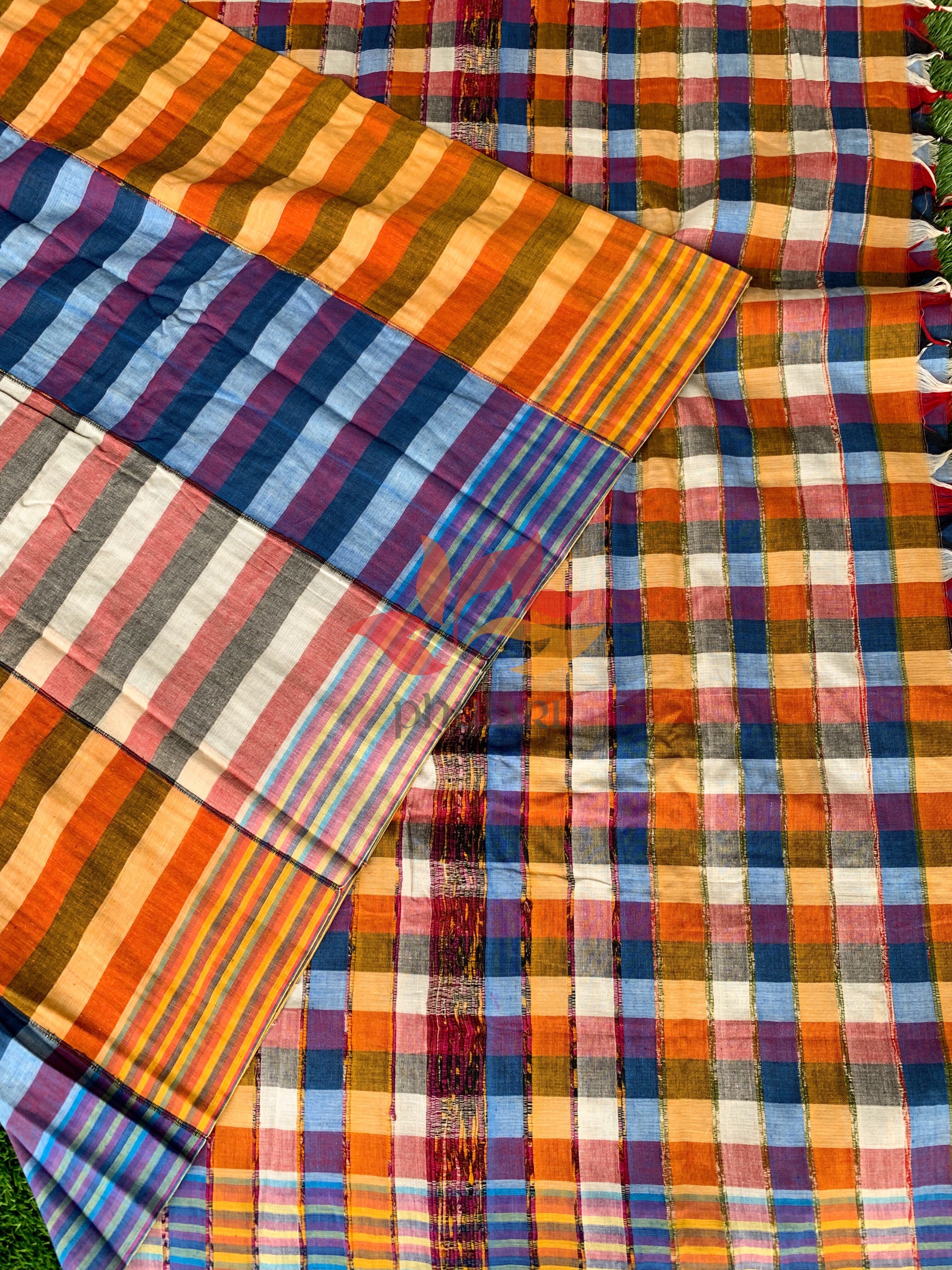 Khesh Saree Handloom Cotton Checks - Orange Blue - Phulari 