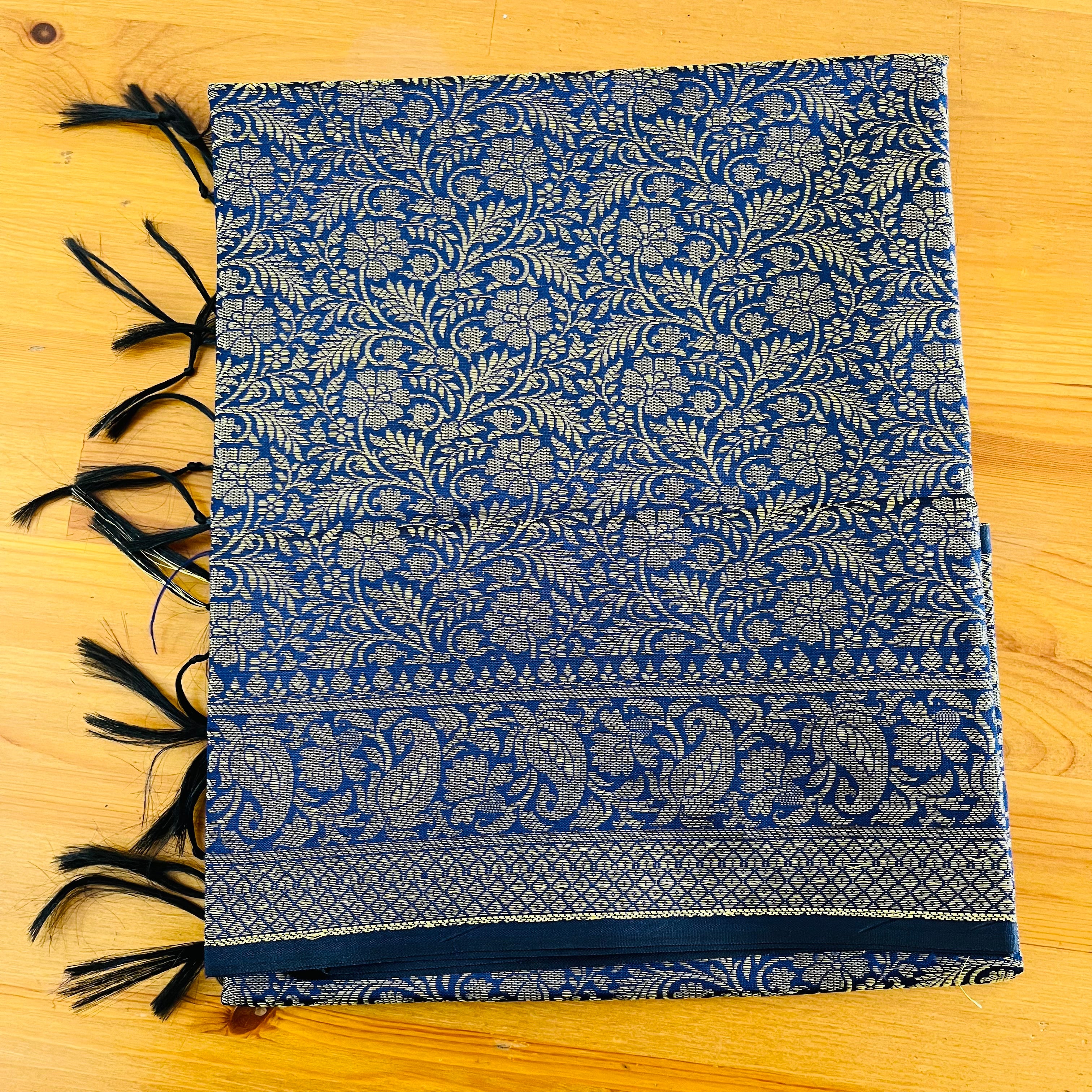 Tanchoi Silk Jari Dupatta - Dark Blue and Gold