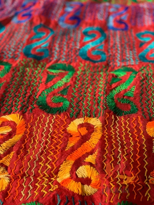 ChanderI Hand Embroidered Dupatta - Zig Zag Jhallar - Brick Red - Phulari 