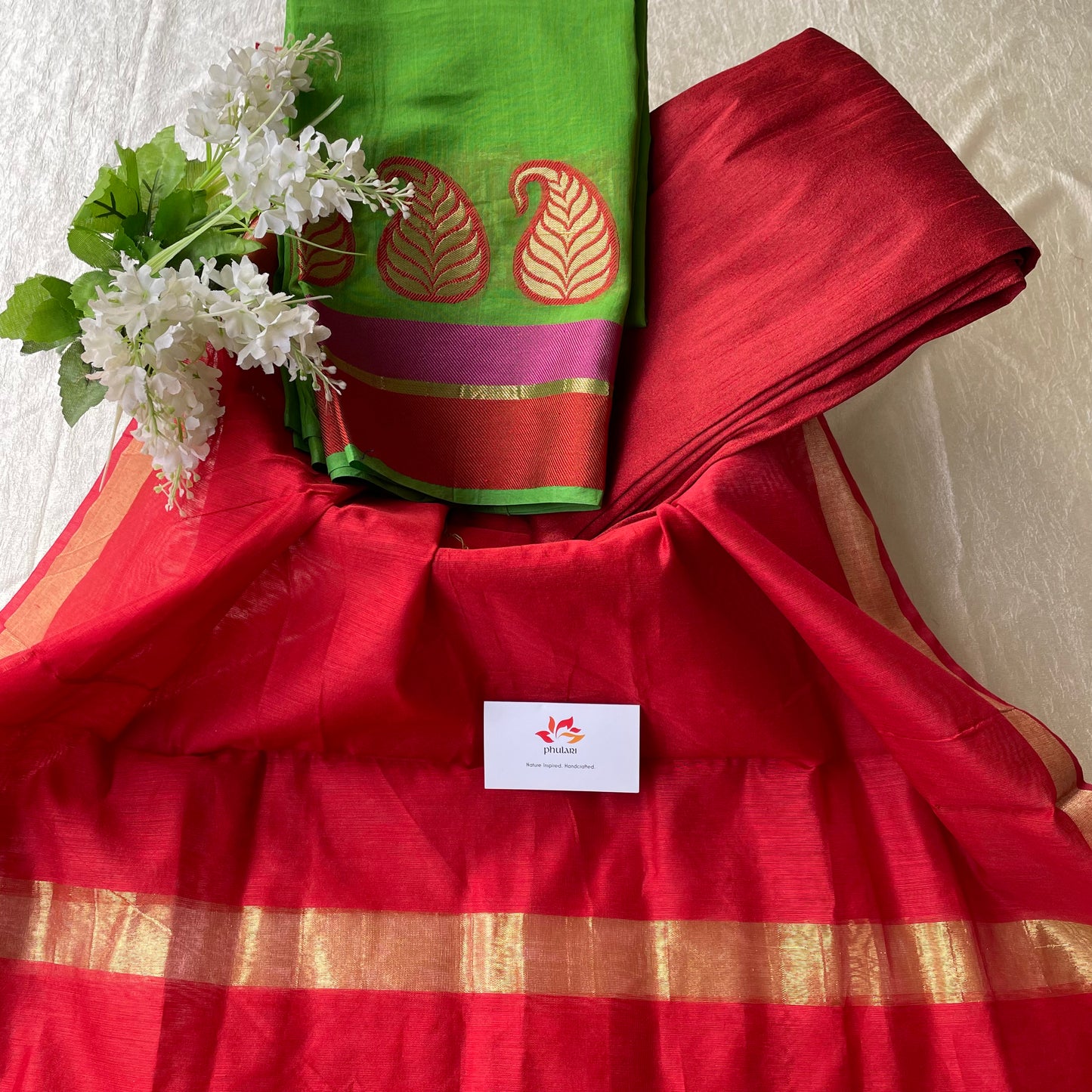 Unstitched Chanderi-Cotton Silk Suit Material With Embriodered Work - Parrot Green and Red