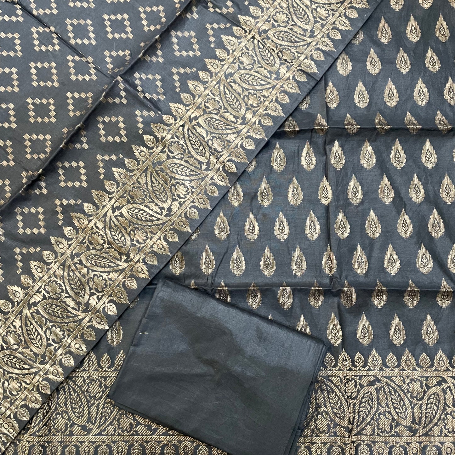 Banarasi Resham Weaving Cotton Dupion Silk Unstitched Suit Material - Black ( Various Colours available)