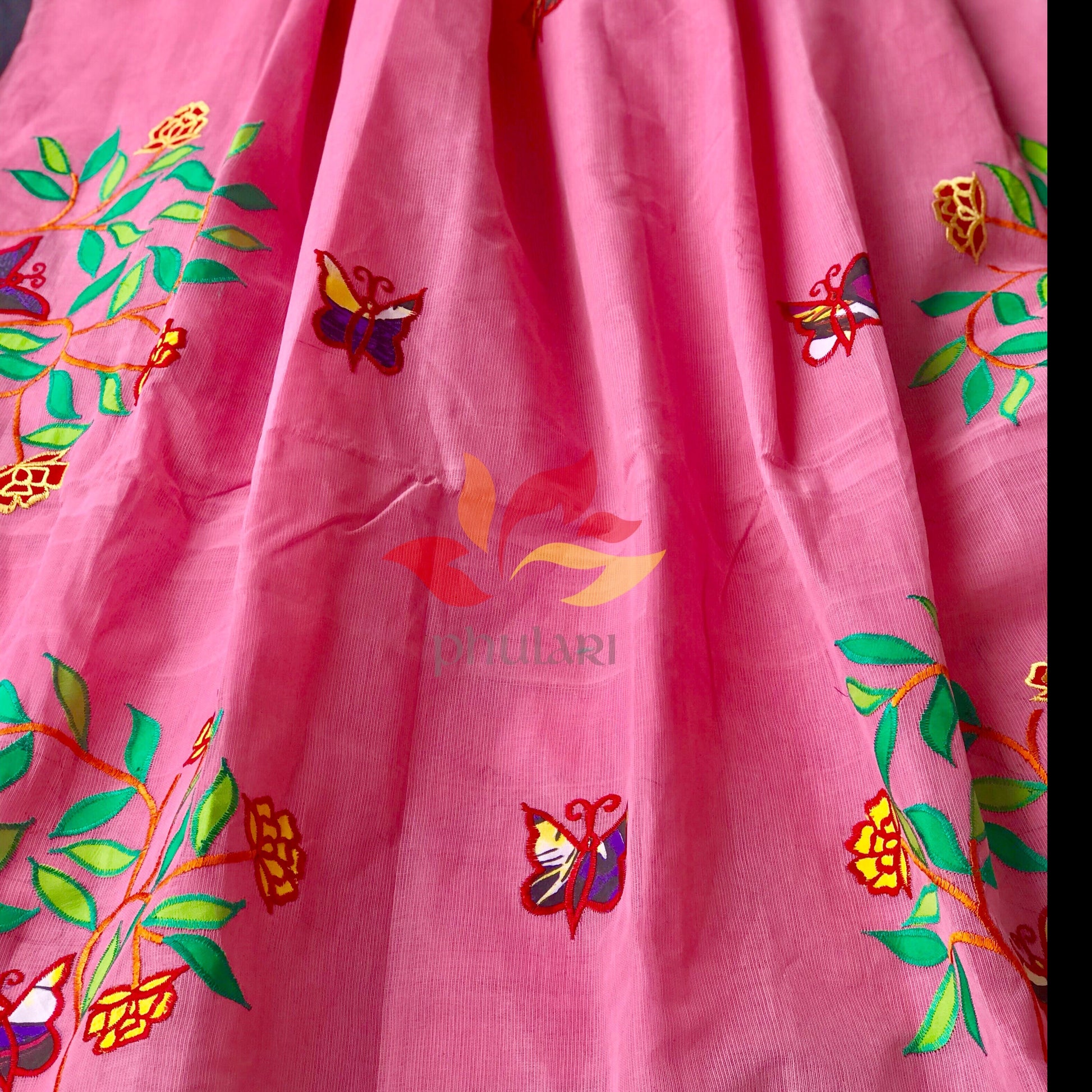 Bangladeshi Tant Saree Appliqué Work Embroidery Butterfly - Pink - Phulari 