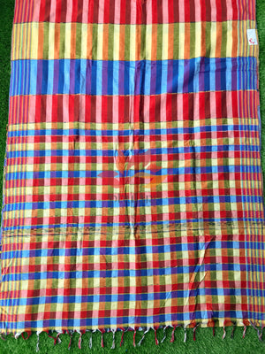 Khesh Saree Handloom Cotton Checks - Red Blue - Phulari 