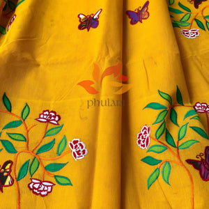 Bangladeshi Tant Saree Appliqué Work Embroidery Butterfly - Yellow - Phulari 