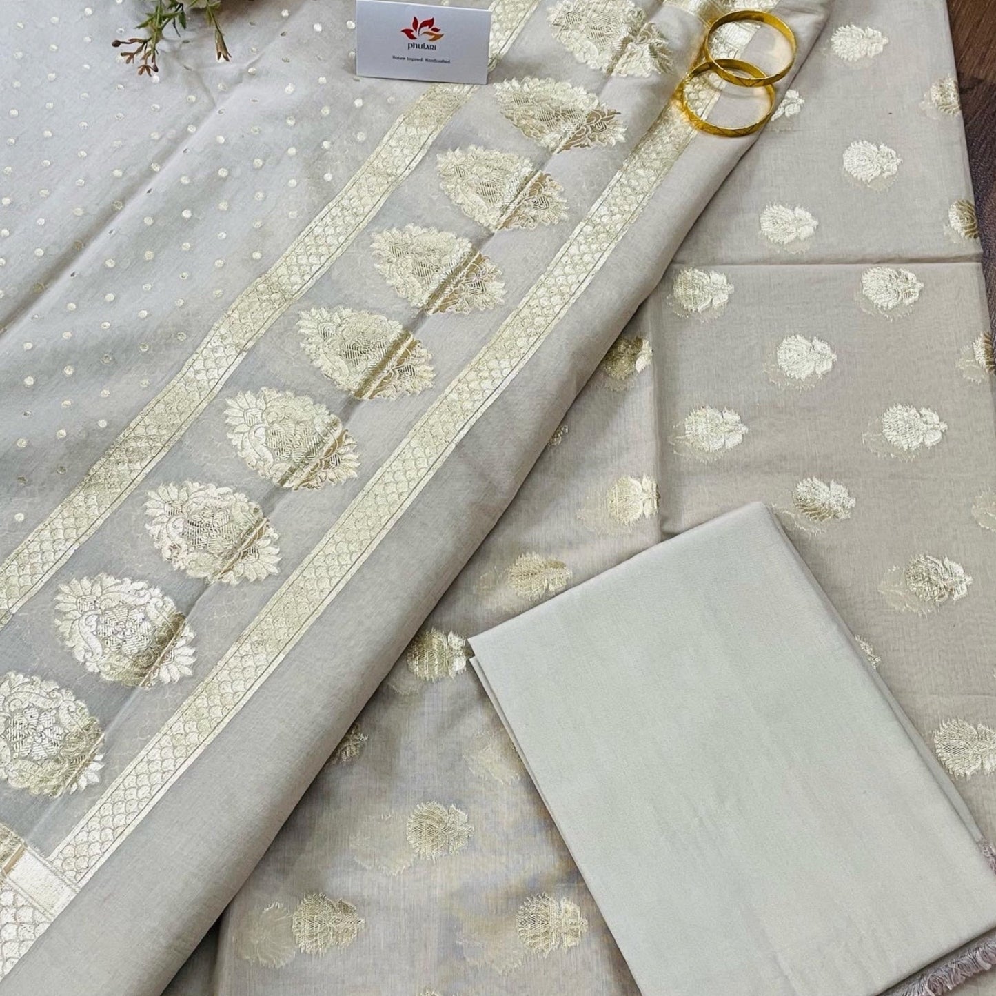 Banarasi Pure Chanderi Silk Unstitched Salwar Suit Fabric - White and Gold