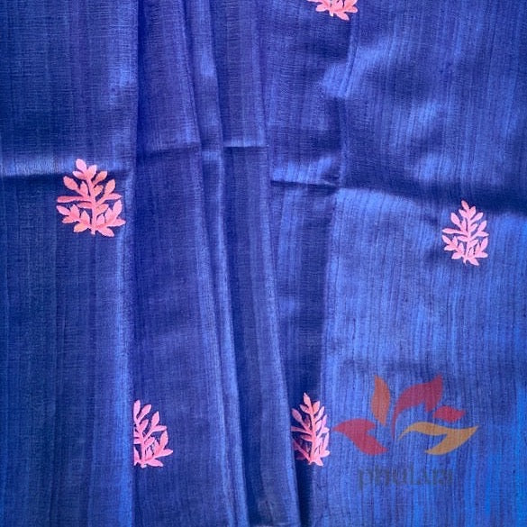 Pure Tussar Ghicha Silk Handloom Saree - Indigo with Pink motifs - Phulari 