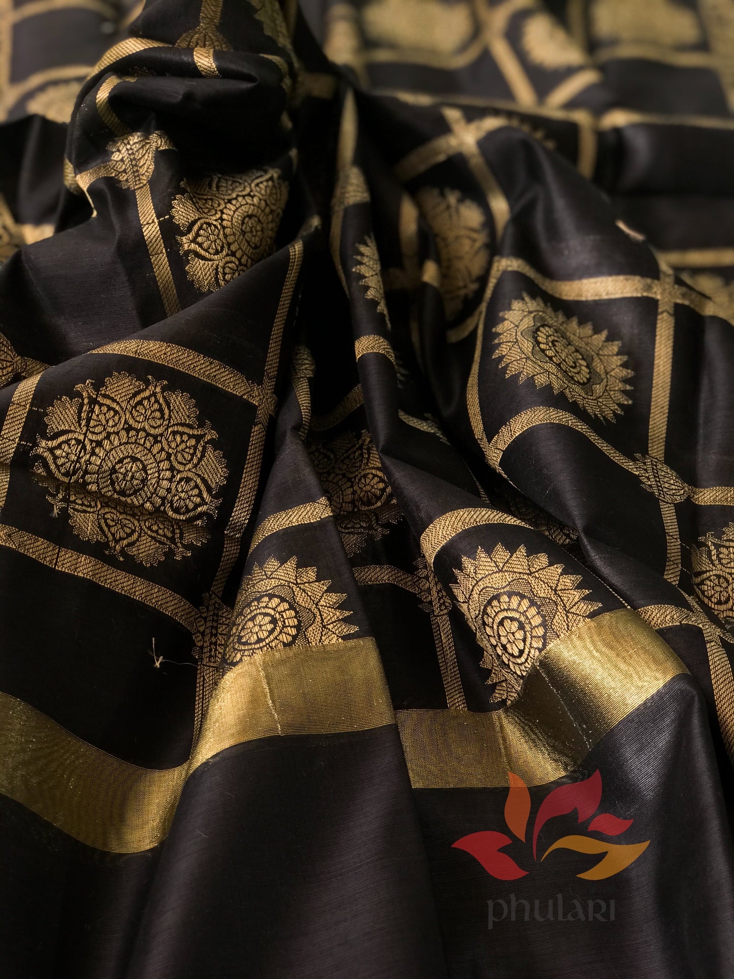 Banarasi Cotton Silk Dupatta Checks - Black - Phulari 