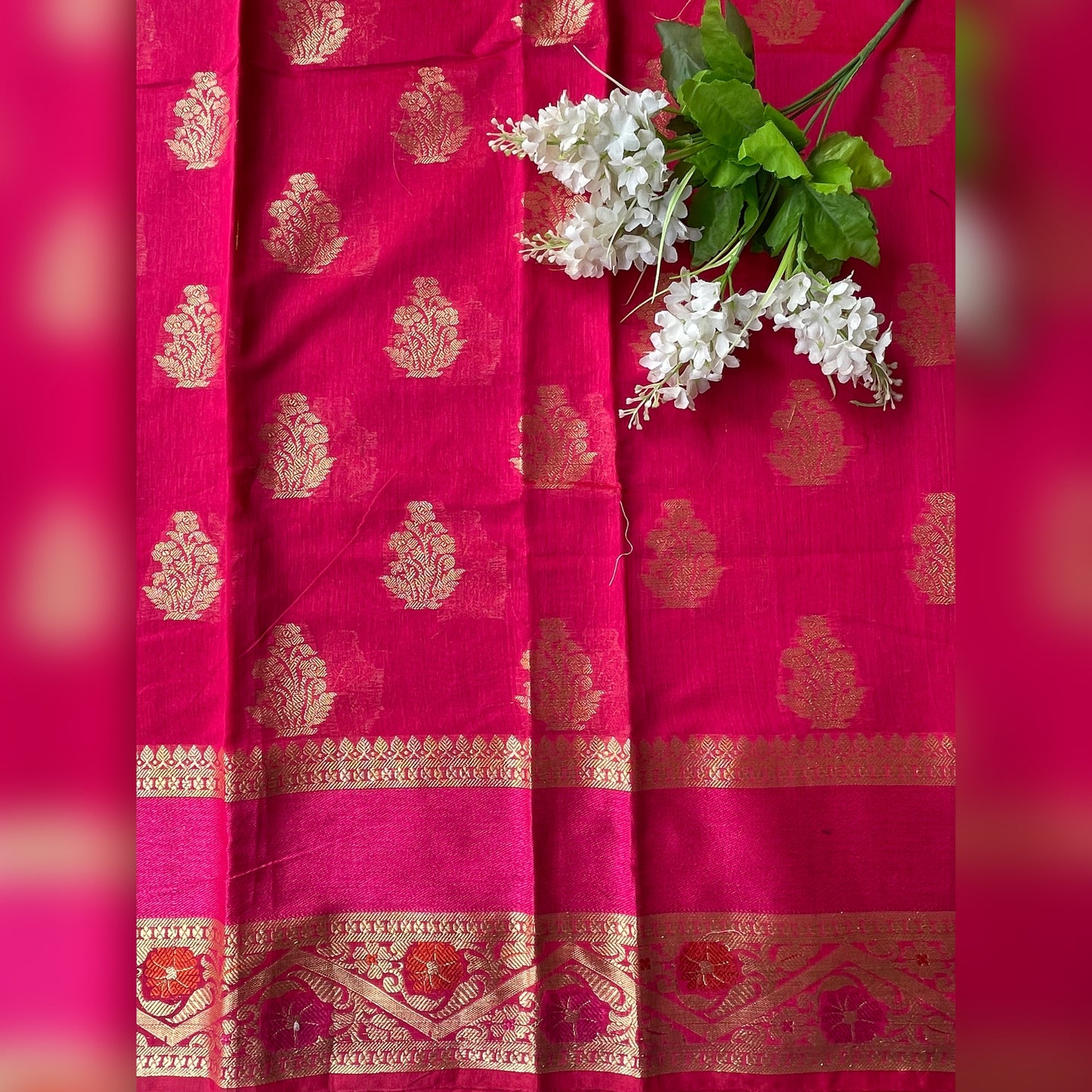 Banarasi Cotton Silk Unstitched Salwar Suit Fabric - Dark Pink with Gold jari and Navy Blue