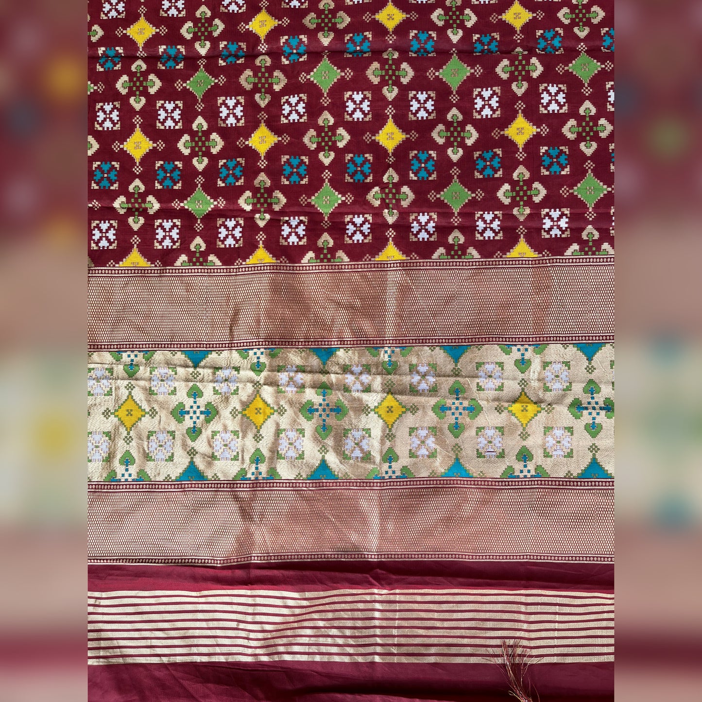 Woven Cotton Silk Patola Dupatta - Maroon and Gold with multi coloured weave