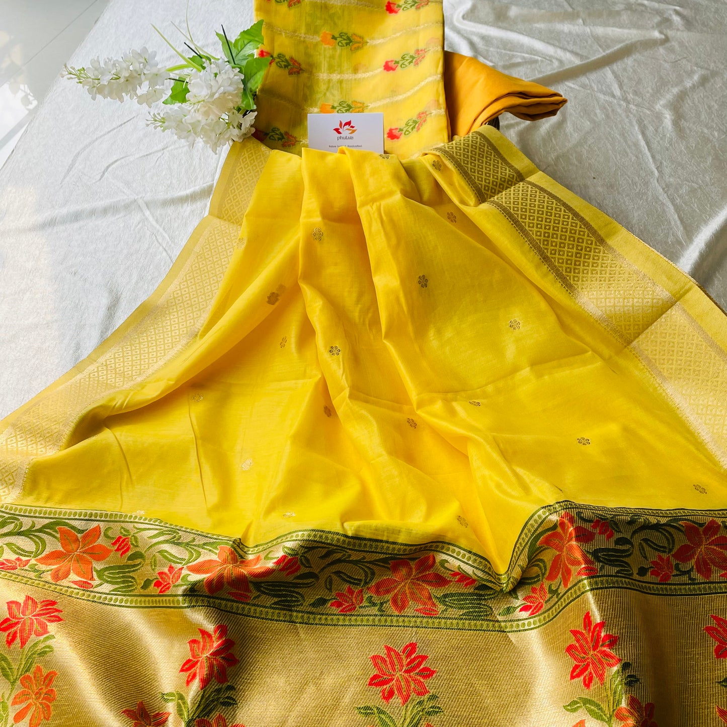 Banarasi Cotton Silk Unstitched Salwar Suit Fabric - Yellow and Gold