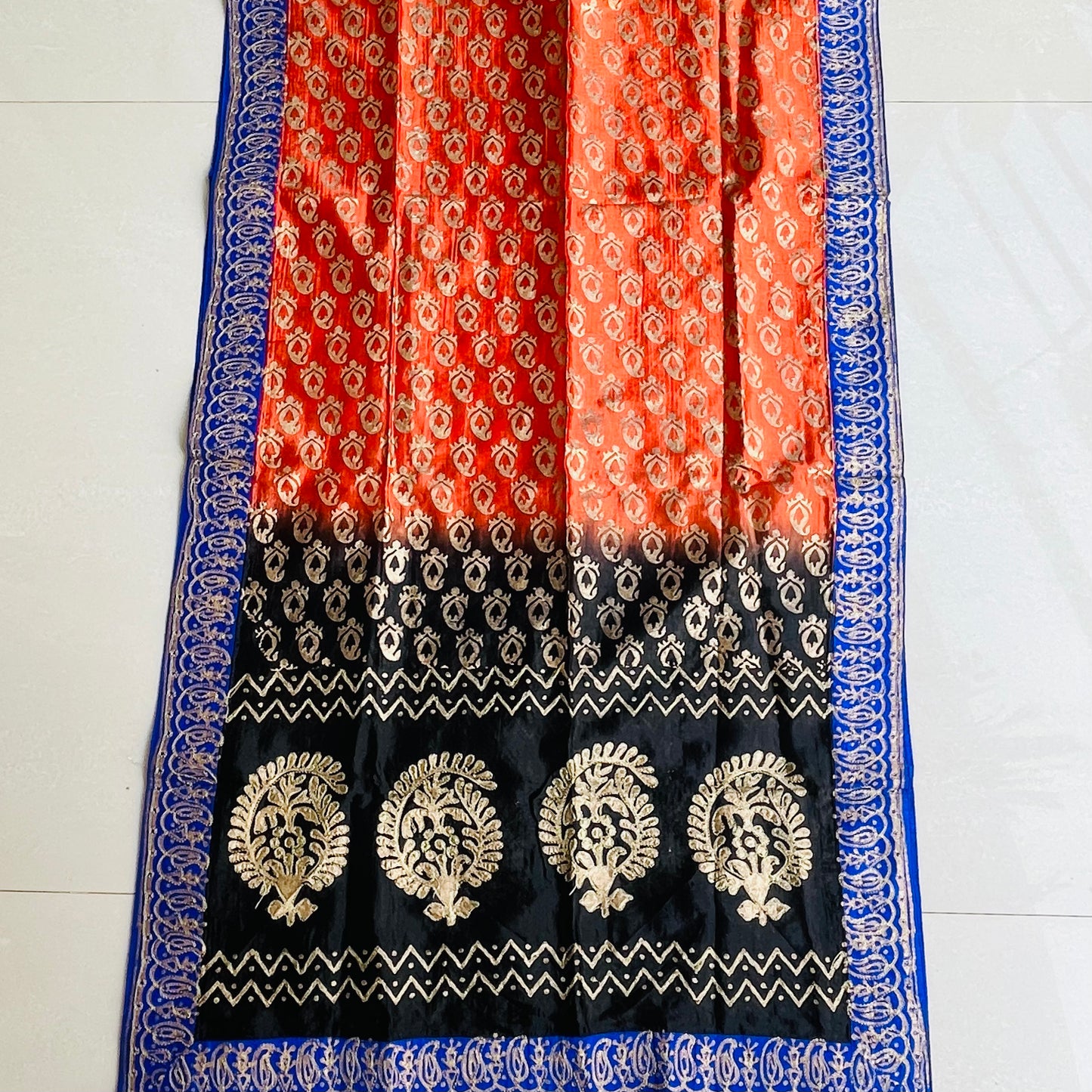 Hand Painted and embroidered Chinnon Dupatta - Orange and Gold