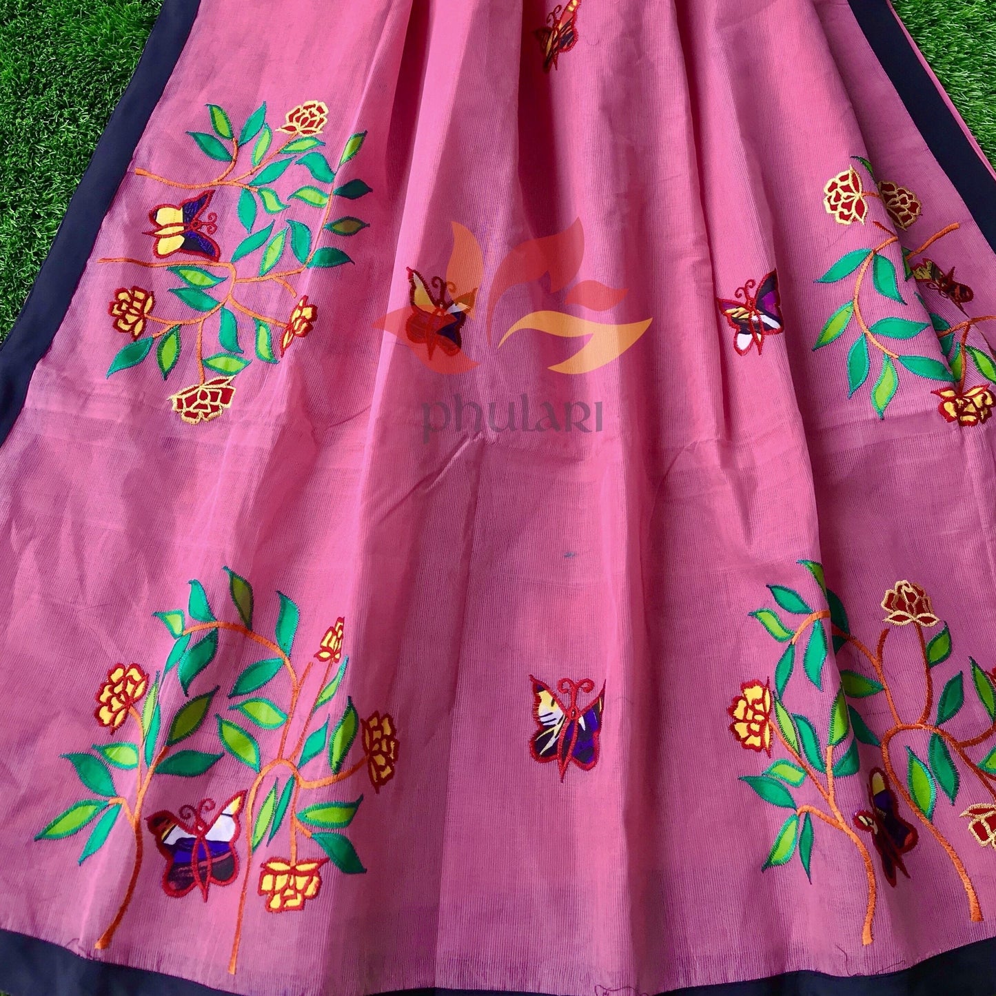 Bangladeshi Tant Saree Appliqué Work Embroidery Butterfly - Pink - Phulari 