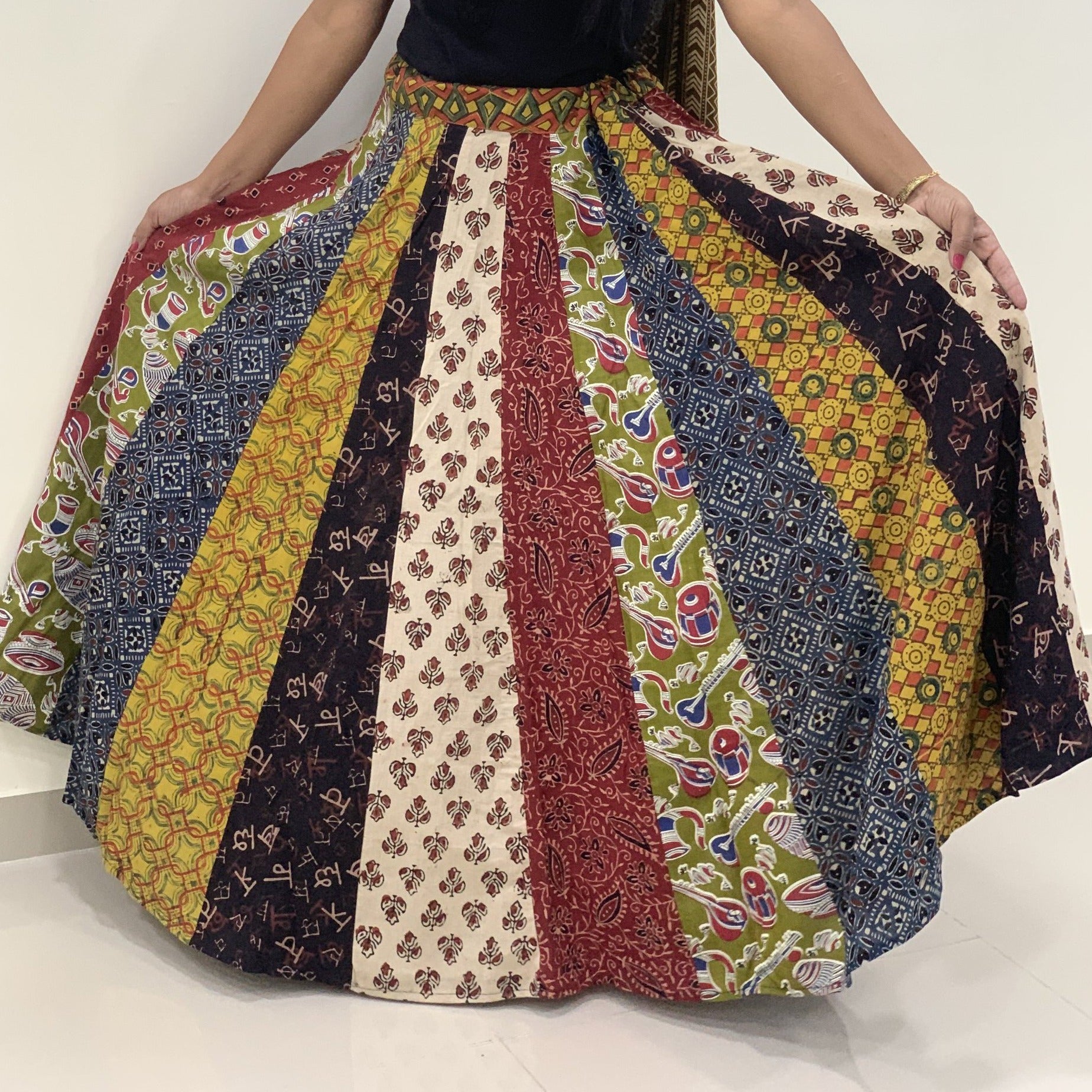 Cotton Ajrakh skirt with tukdi work - Multicolor 