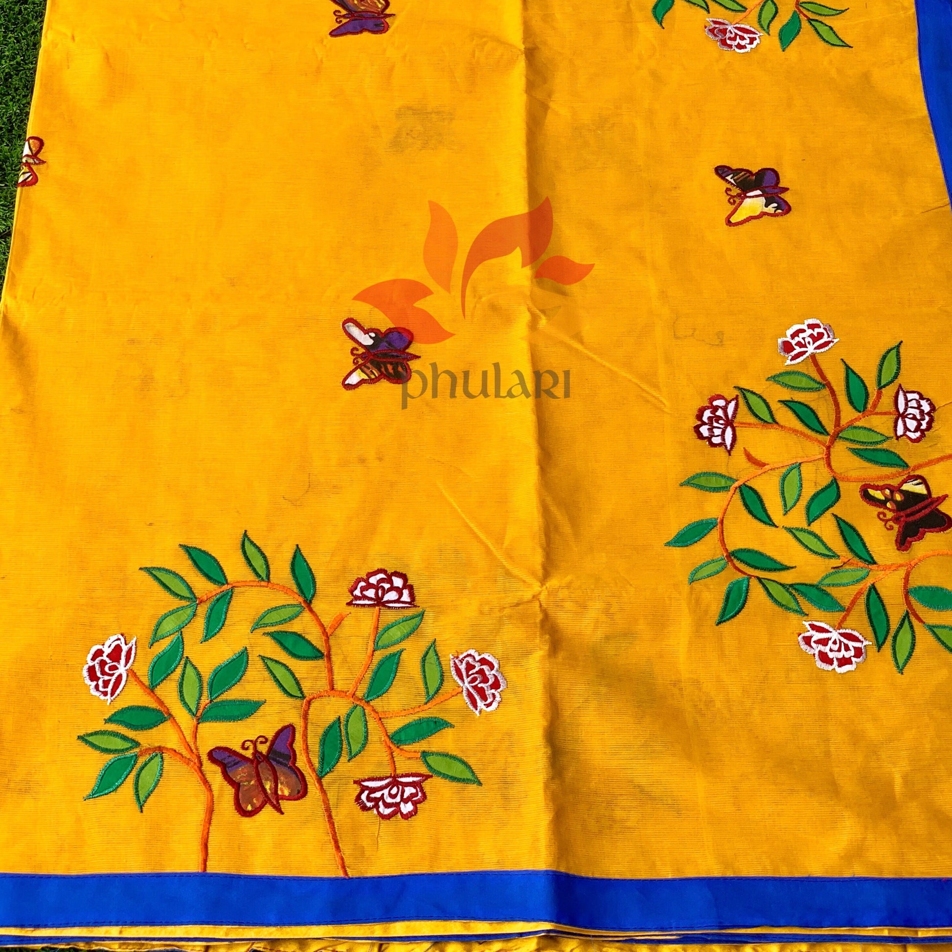 Bangladeshi Tant Saree Appliqué Work Embroidery Butterfly - Yellow - Phulari 