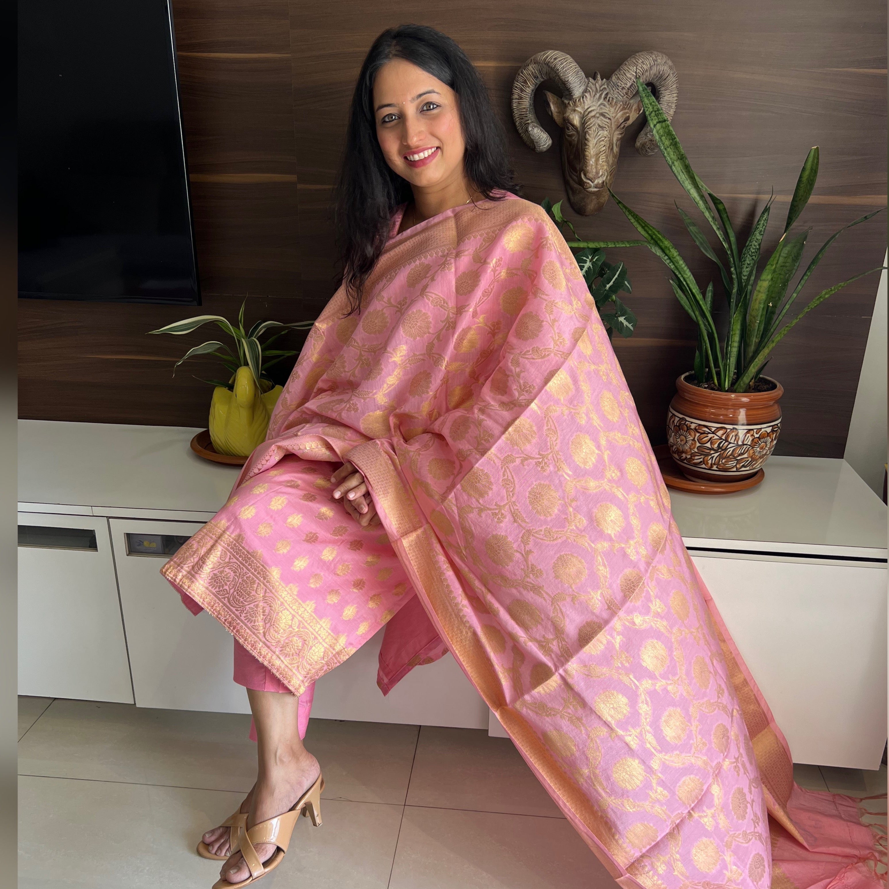 Buy Brown Zariwork Banarasi Unstitched Salwar Suit - Koskii