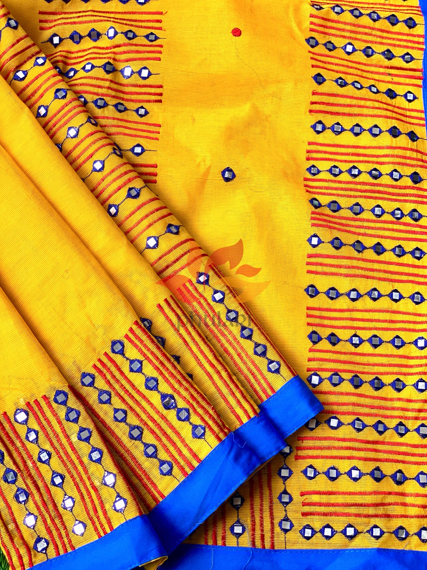 Bangladeshi Tant Saree Embroidery Foil Mirror Work - Yellow Blue - Phulari 