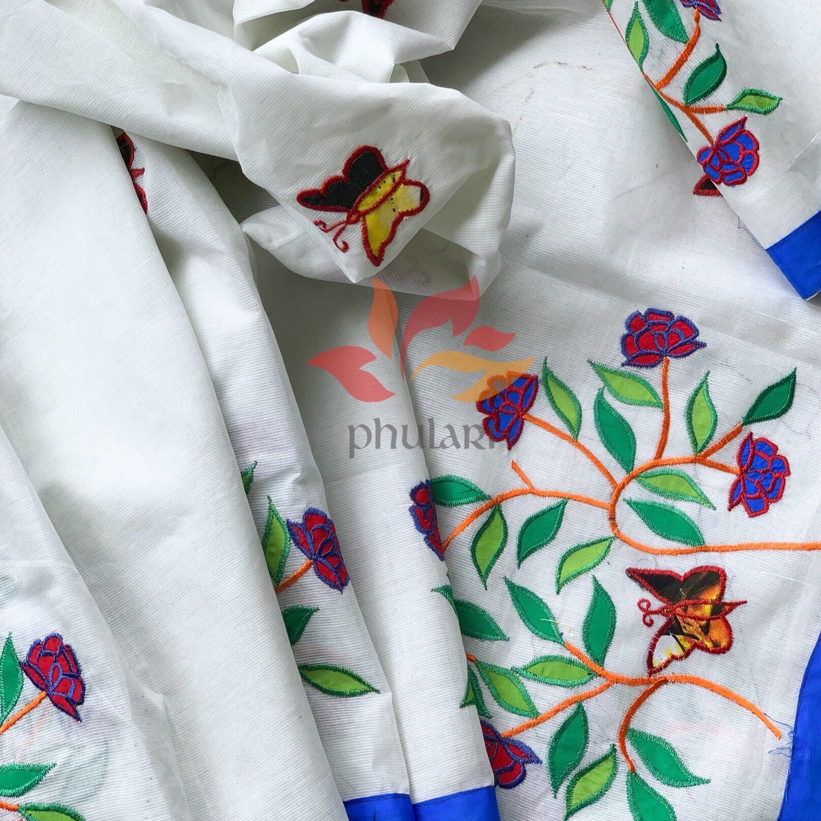 Bangladeshi Tant Saree Appliqué Work Embroidery Butterfly - White Blue - Phulari 