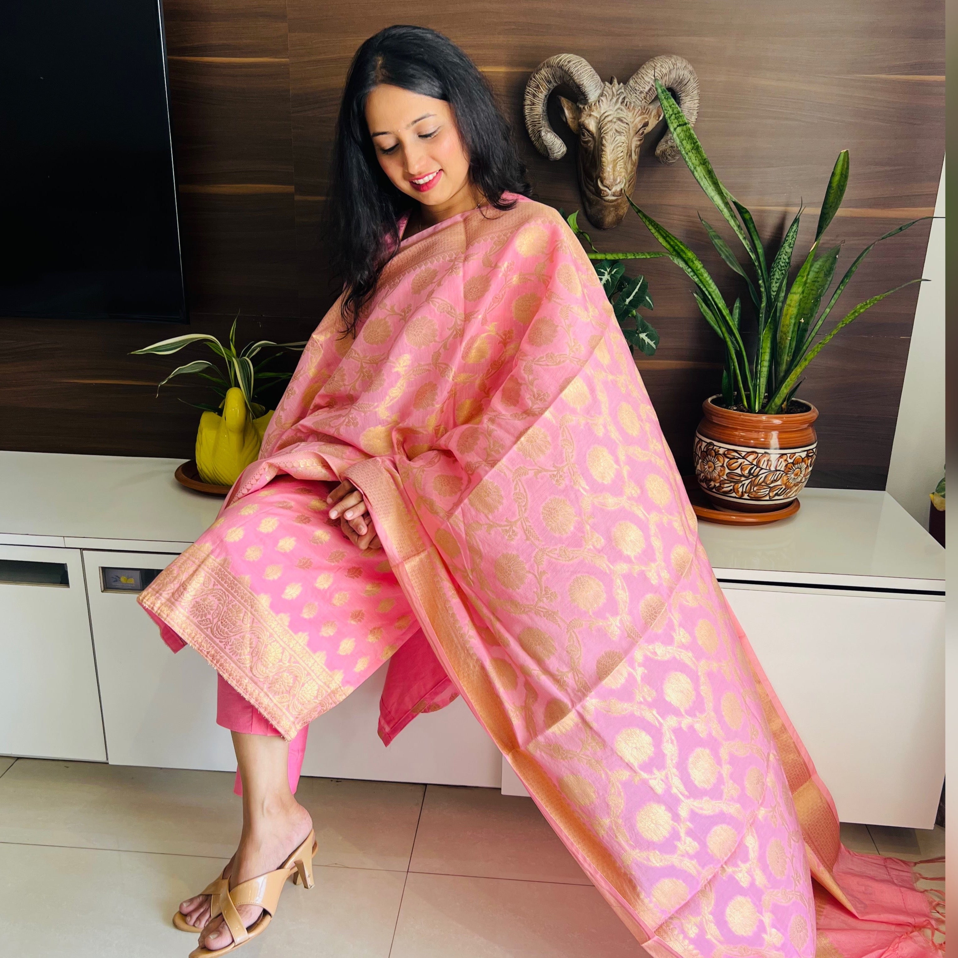 Buy Brown Zariwork Banarasi Unstitched Salwar Suit - Koskii